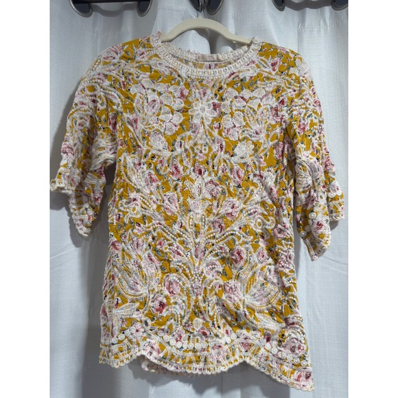 Solitaire Tops - Solitaire Womens Yellow Floral Embroidered Lace Overlay Boho Blouse Top 22-114